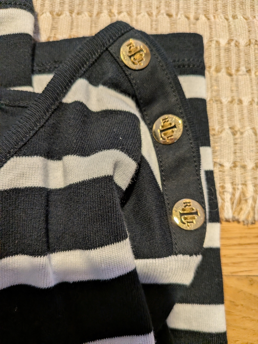 Ralph Lauren Black and White Striped Crewneck Sweater with Gold Buttons